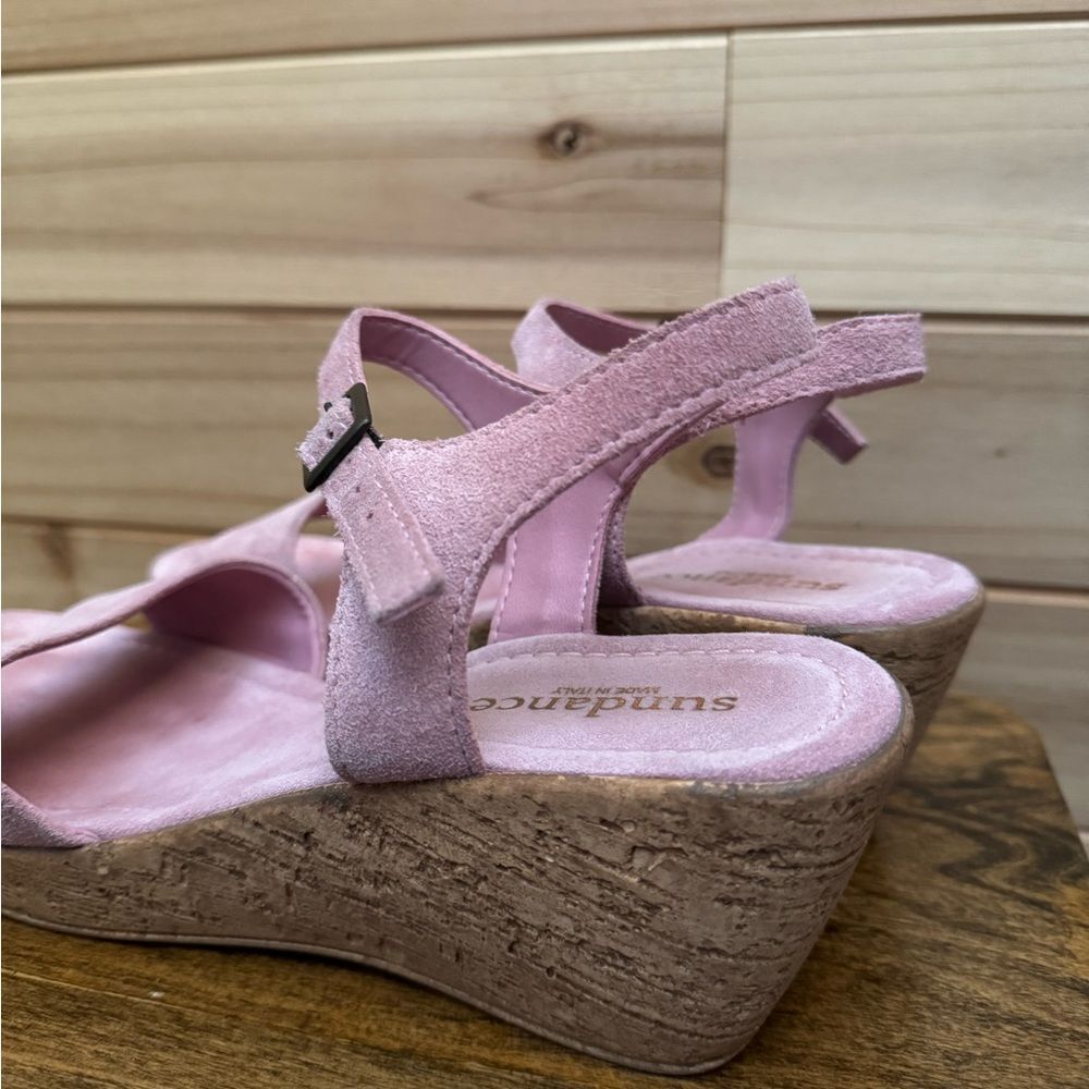 Sundance Size 40 (9) Pink Leather Suede Cork Wedge Platform Sandal Shoes - Picture 7 of 7